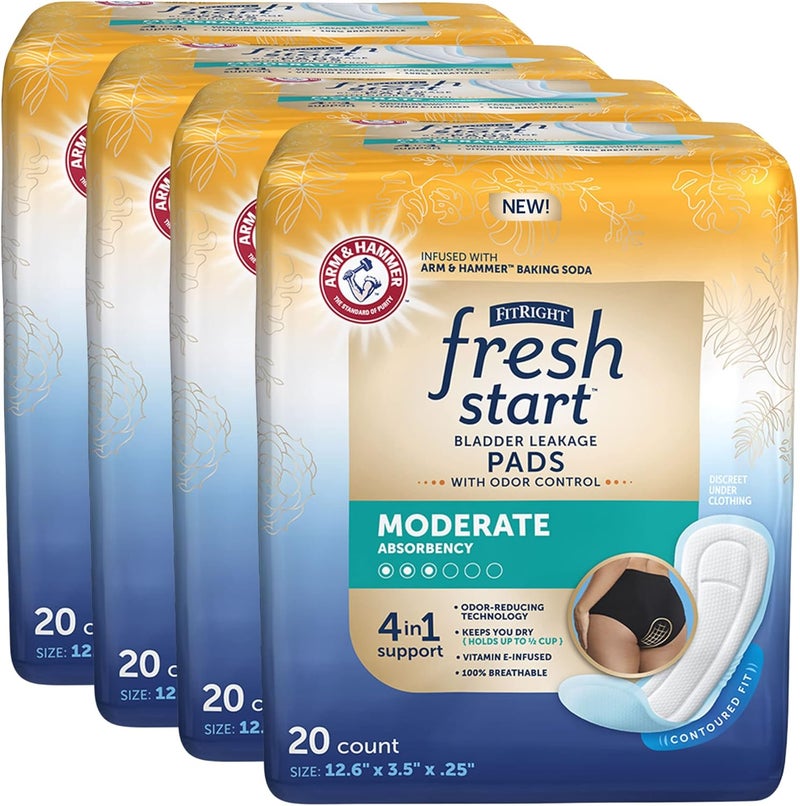 FreshStart FitRight Urinary and Postpartum Incontinence Pads for Women, Moderate Absorbency, with Arm & Hammer Baking Soda, 80 Count (4 Packs of 20) - Image 1